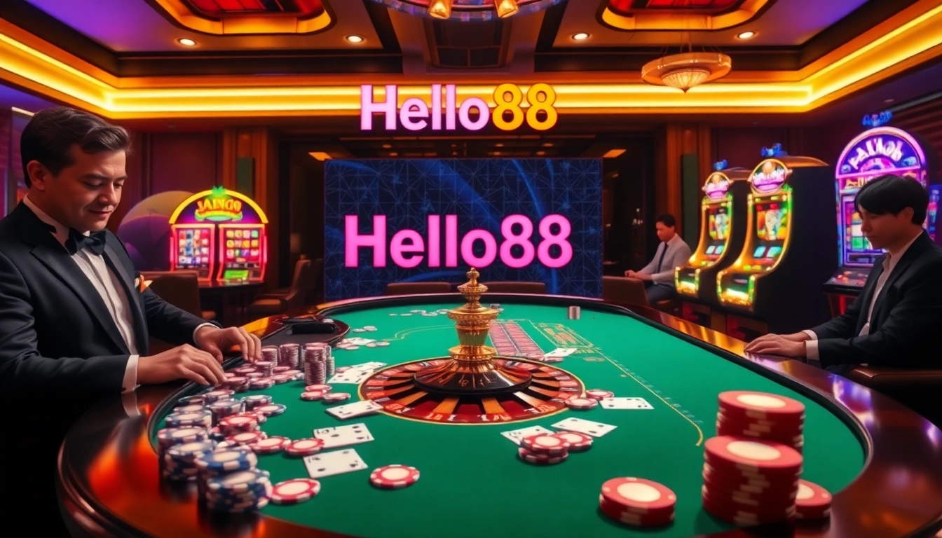 Hello88 casino scene featuring roulette, cards, and slot machines that evoke excitement.