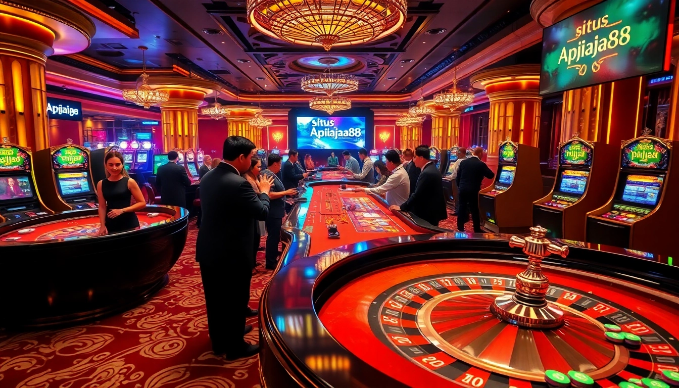 situs apiraja88 vibrant casino scene with roulette wheel, poker chips, and slot machines
