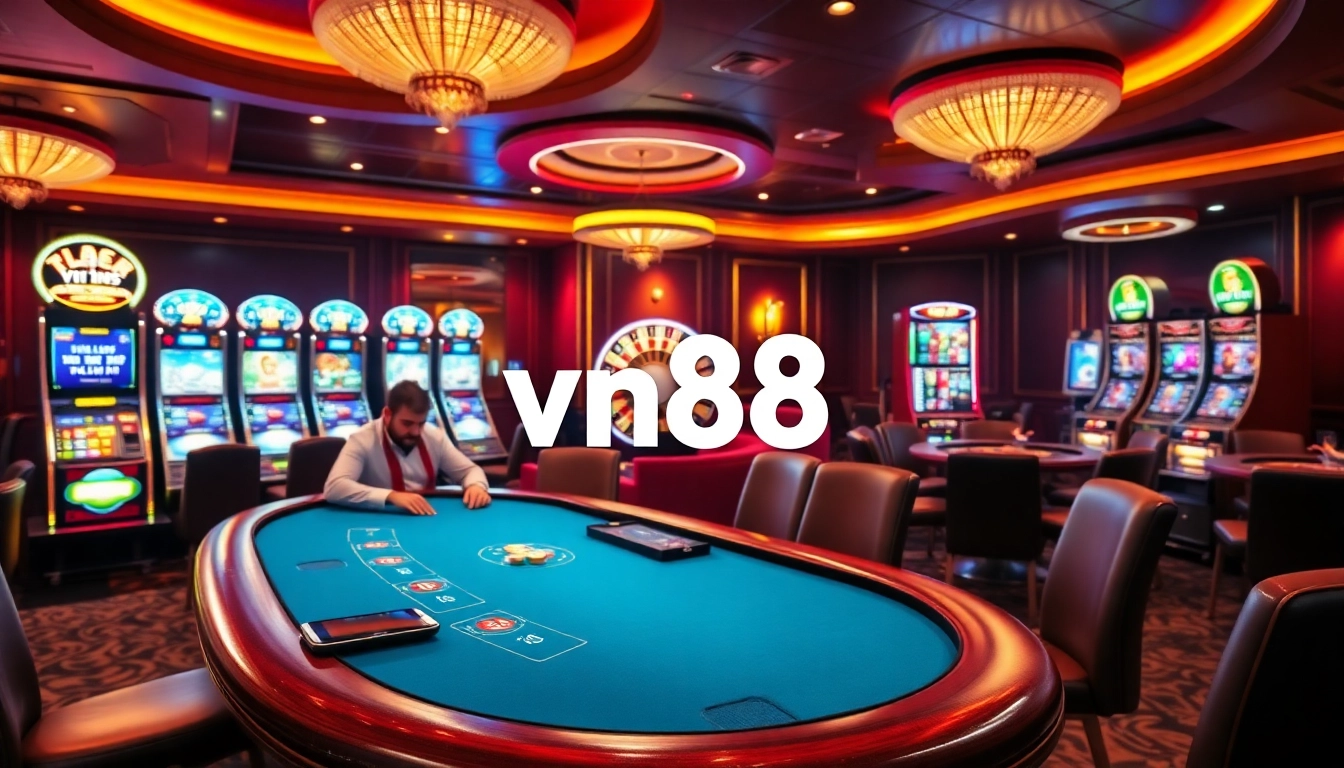 Experience thrilling games at vn88 casino with poker tables and vibrant slot machines.