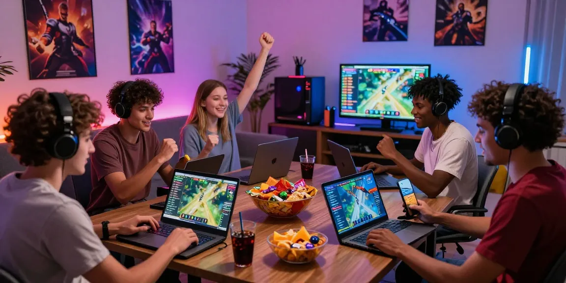 Players enjoying online games at home while engaging with https://gamebaidoithuong.is/ on various devices, creating a lively atmosphere.