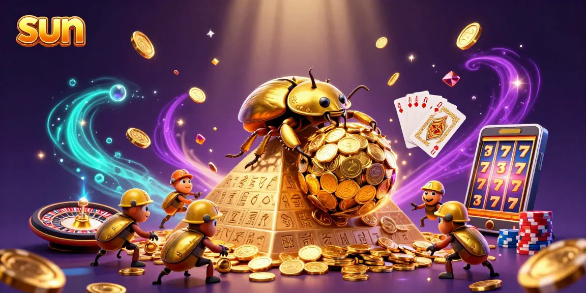 Experience casino action with sun-themed golden beetles rolling coins and vibrant game elements.