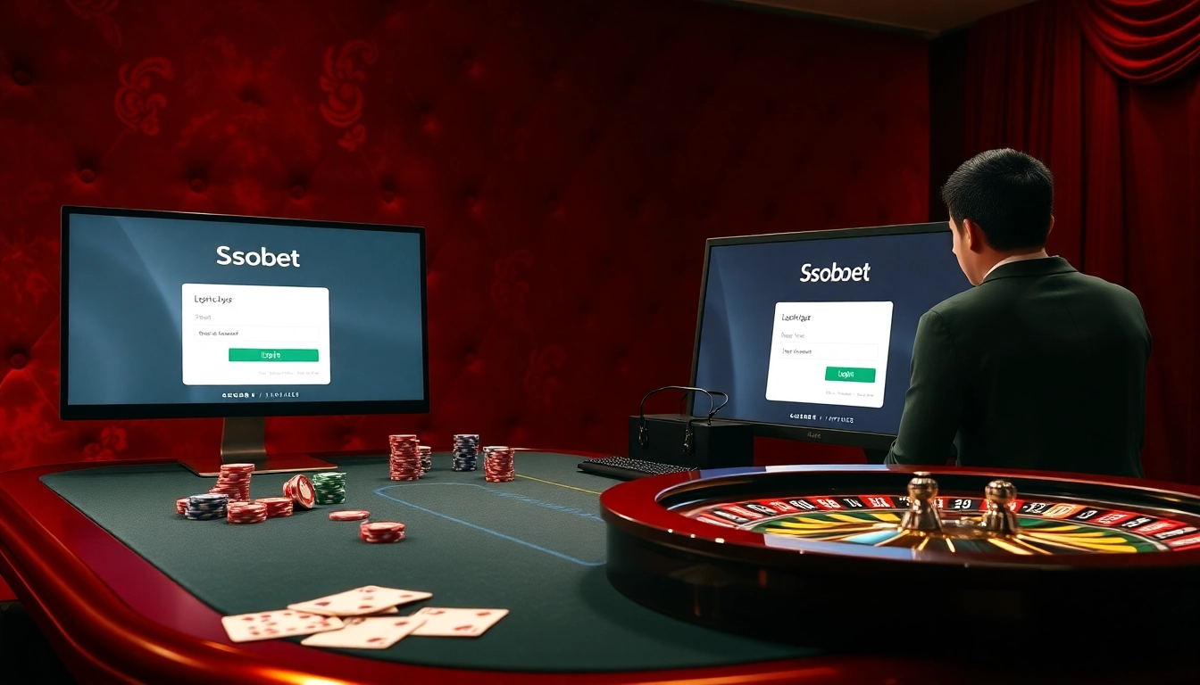 Engage with sbobet login on a sleek device at a vibrant, luxurious casino table filled with cards and chips.