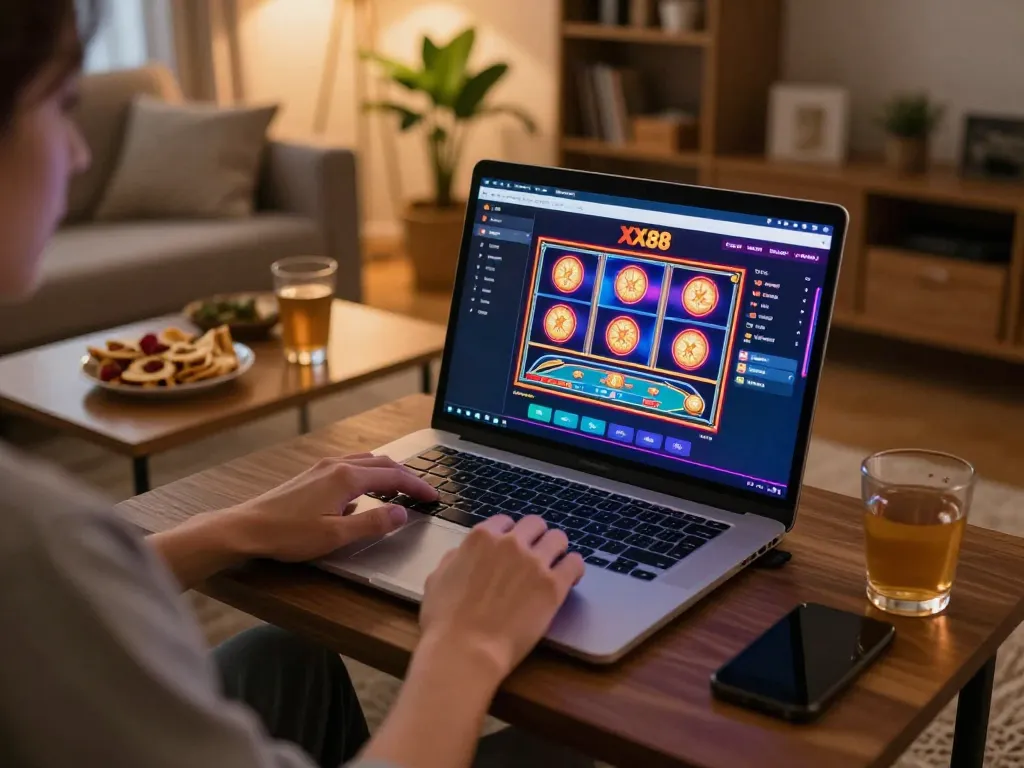 Engaging with XX88 platform on a laptop in a cozy home setting with snacks and warm lighting.
