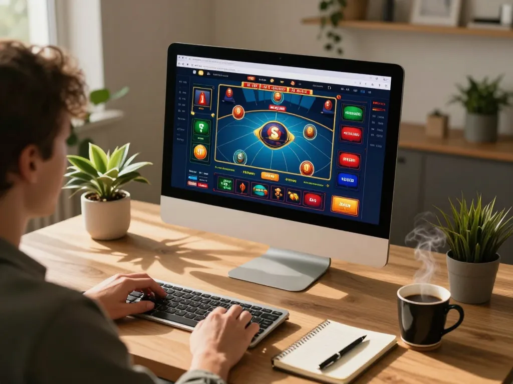 Engaging gameplay experience on sunwin's online casino platform in a modern home office.