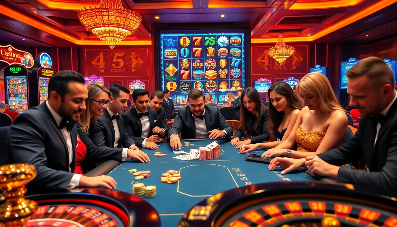 Engage with thrilling online casino games in a vibrant setting filled with excitement and luxury.