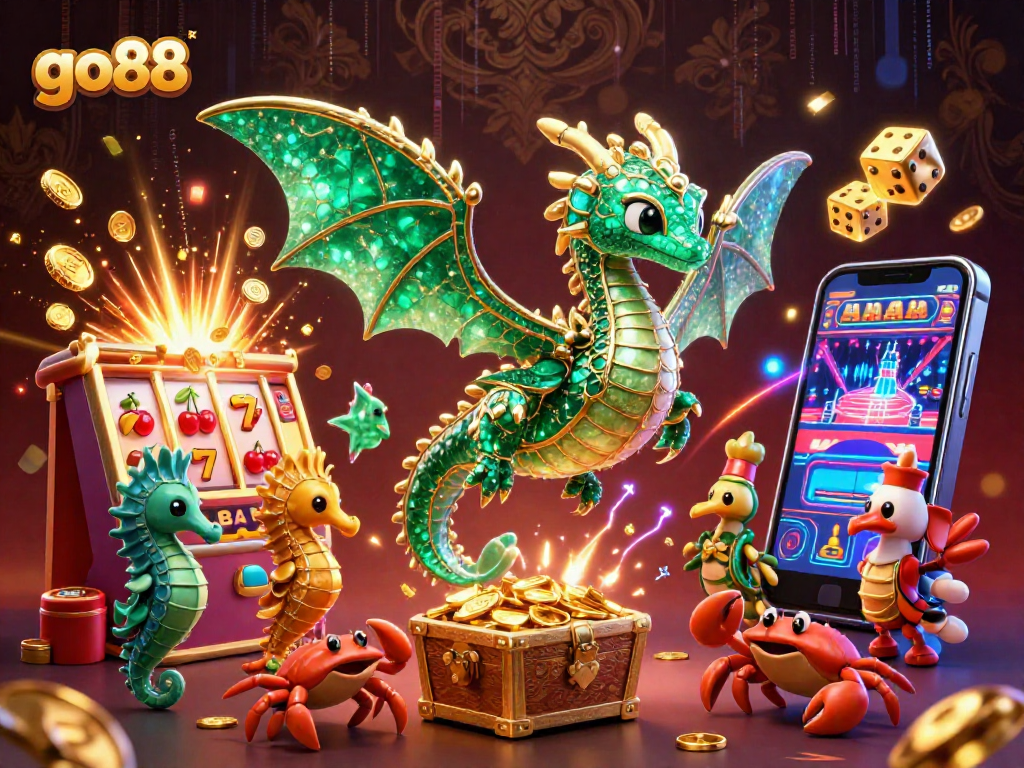 Experience the thrilling world of go88 with an interactive 3D casino scene filled with vibrant game elements.