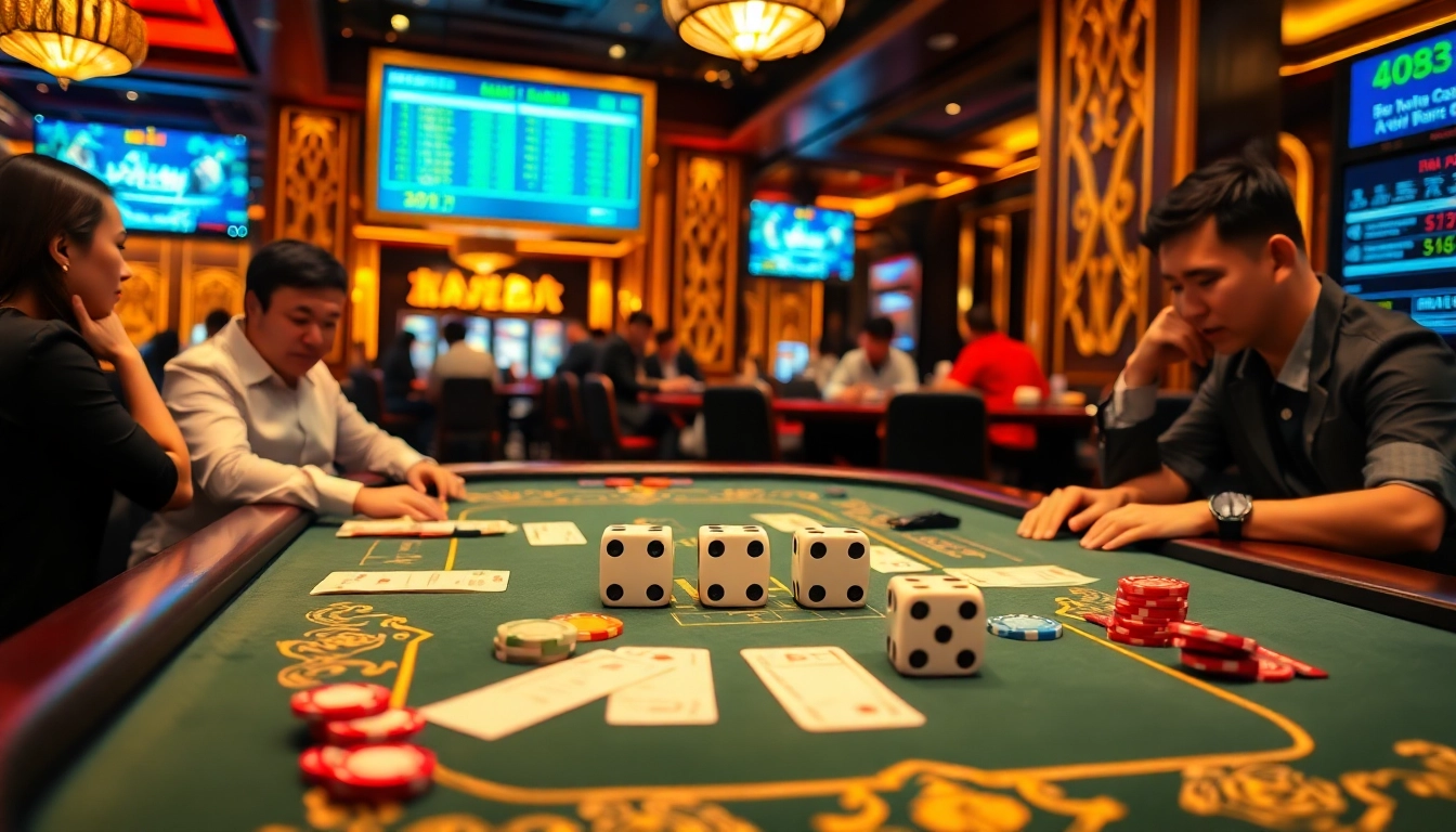 Experience the thrill of the game tài xỉu at a luxurious online casino table, showcasing dice and vibrant betting slips.