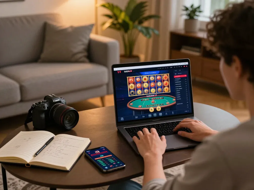 Engaging in online gaming with LGOLUX, showcasing vibrant casino interface and cozy home atmosphere