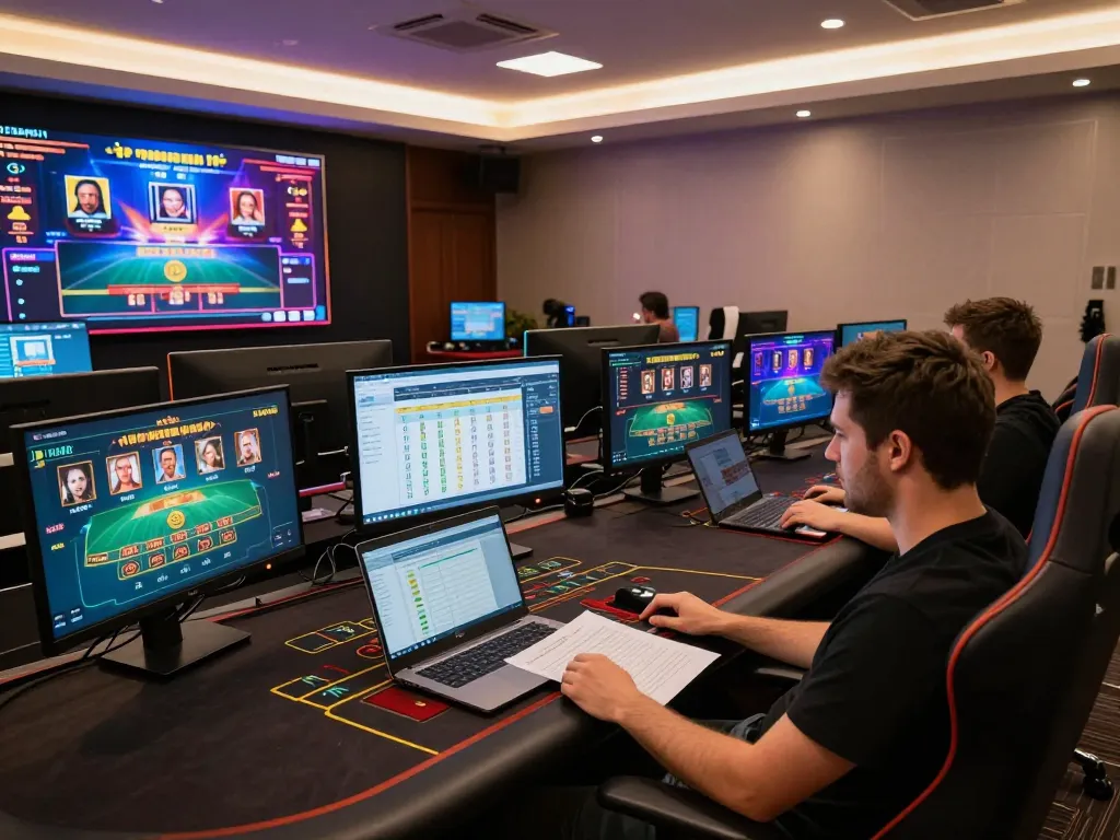 Engaged player monitoring togel hk results on multiple screens in a professional online gaming setup.
