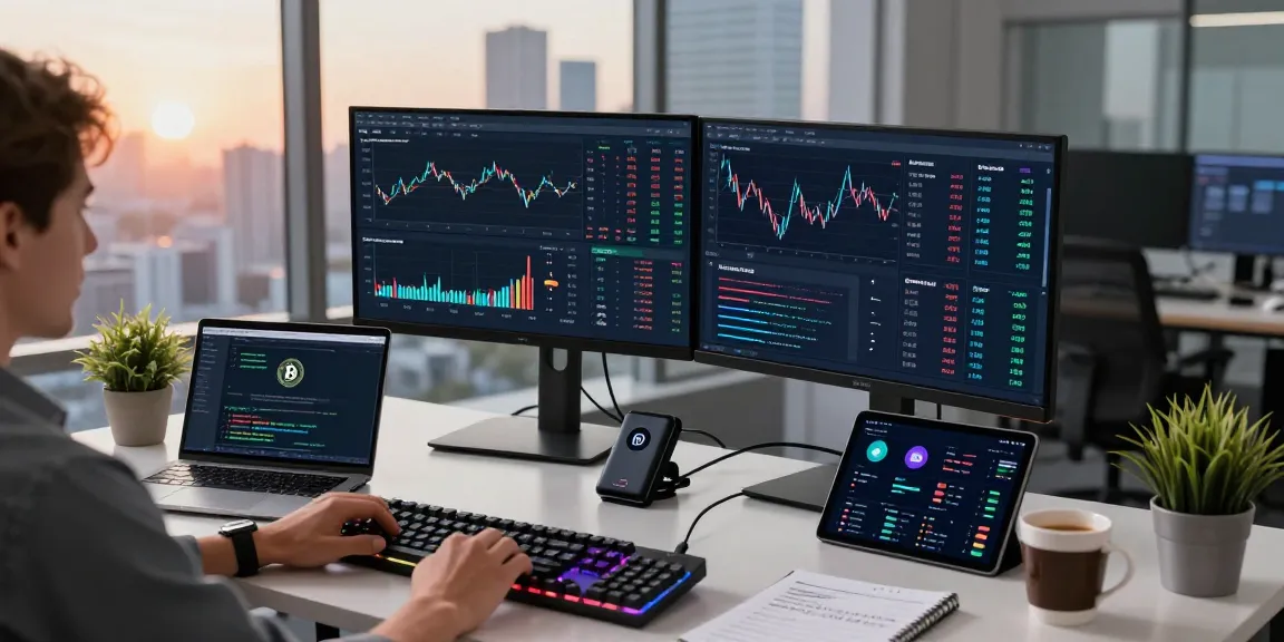 Cricbet trading scene showing dual monitors with cryptocurrency charts and DeFi analytics, securely managing digital assets.
