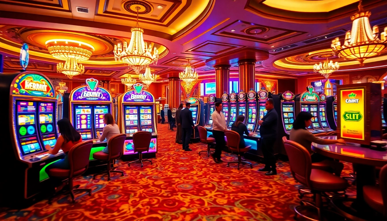 Players enjoying the thrill of idnslot at a luxurious casino slot machine area.
