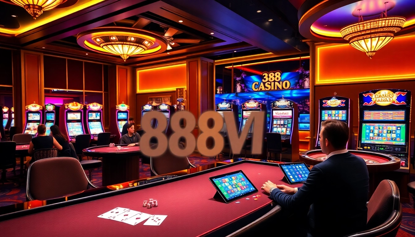Gamblers enjoying an exciting game at 888VI online casino with vibrant slot machines.