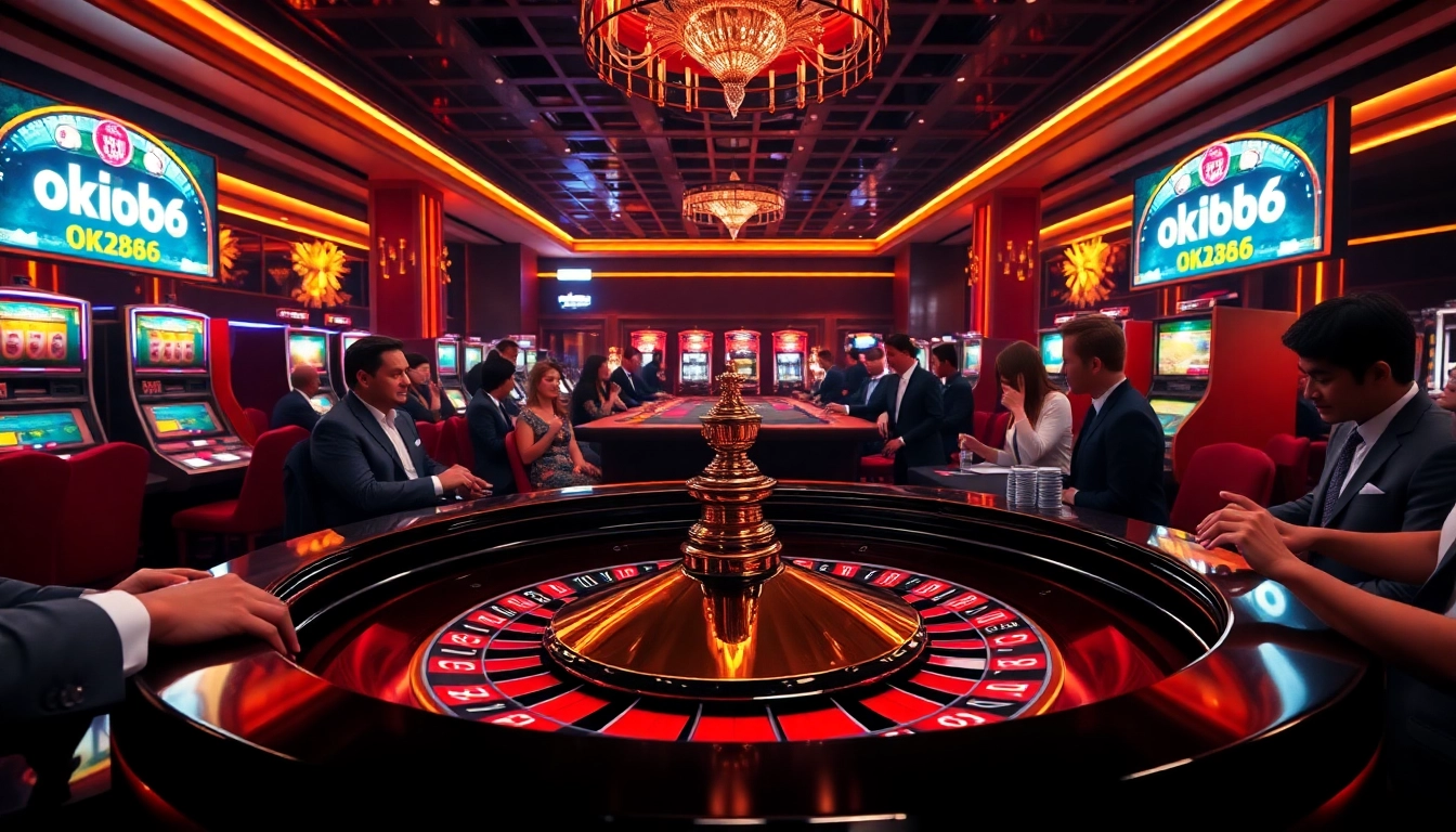 Players enjoying a thrilling roulette game at a luxurious casino table branded with ok8386.