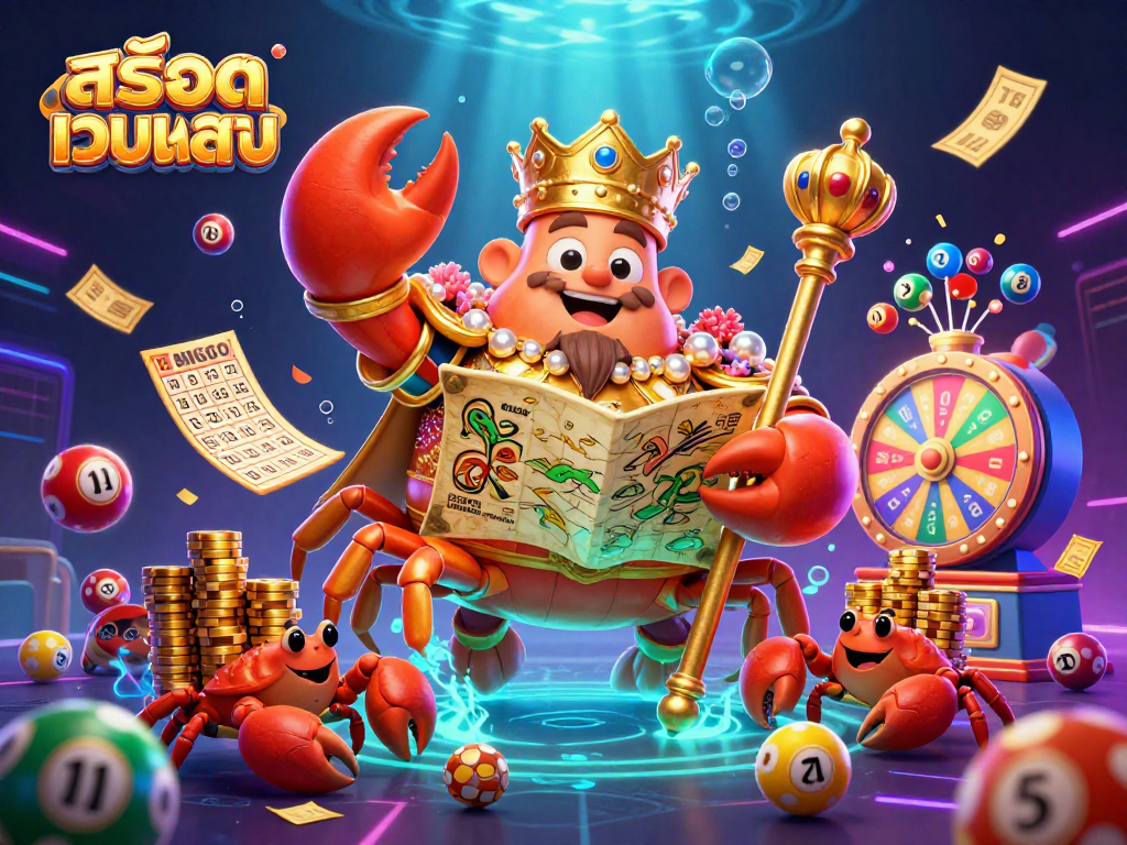 Engage with สล็อตเว็บตรง to experience a vibrant casino scene featuring a golden crab emperor with dynamic game elements.