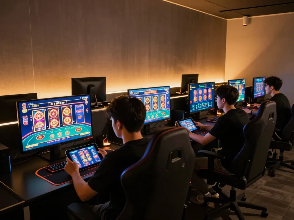 Engaging player at net88 online casino, placing bets on multiple screens in a modern gaming setup.