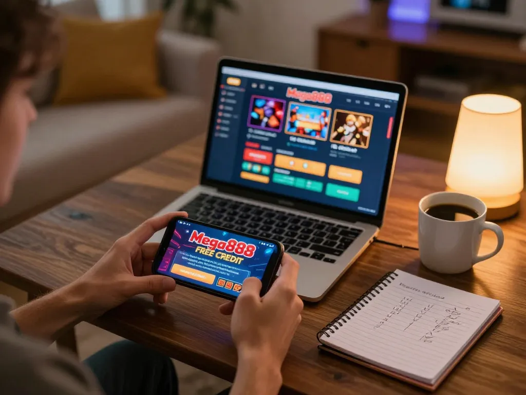 Engage with Mega888 free credit offers on your smartphone at home, strategizing your next game.