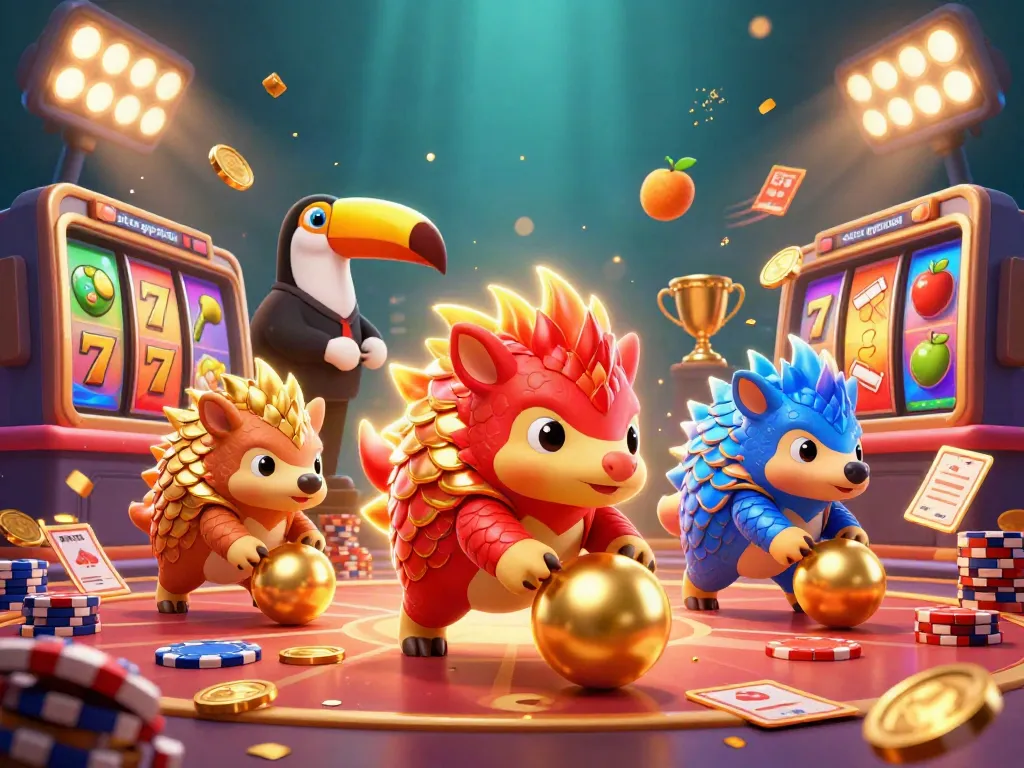 Situs gwp168 menampilkan pangolins berkompetisi melempar bola emas melalui tumpukan chip poker dalam atmosfer kasino yang meriah.