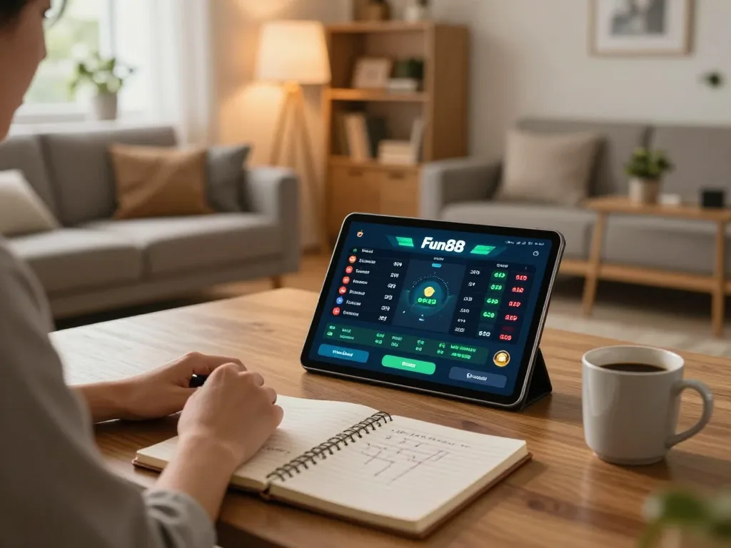 Engaging in sports betting on the Fun88 app using a tablet in a cozy home setting.