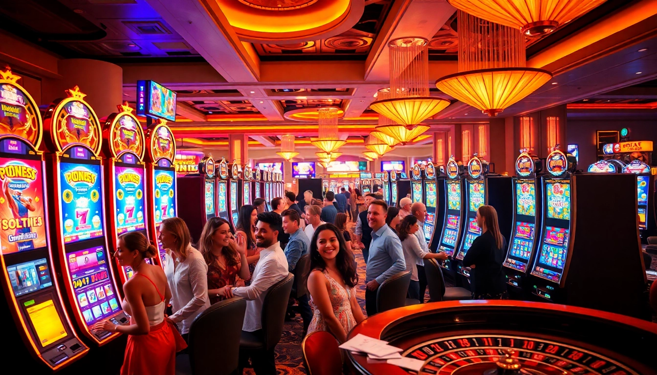 Players enjoying vibrant slots777 machines in a luxurious casino setting.