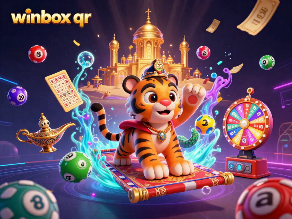 Winbox QR presents a vibrant casino-themed illustration with a tiger sultan winning amidst lottery excitement.