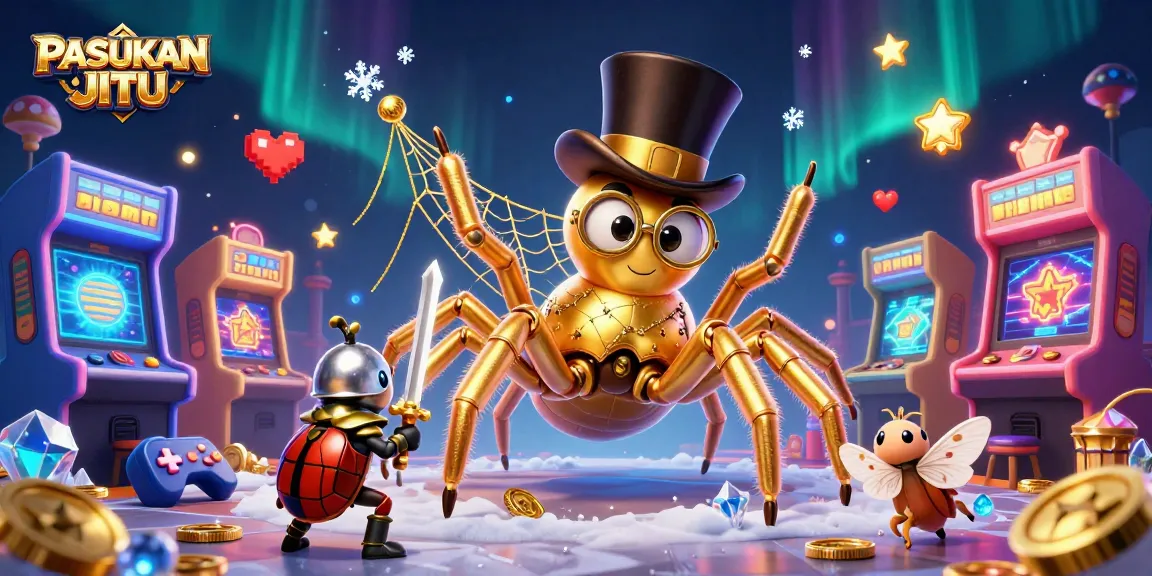 PASUKAN JITU showcases a vibrant online casino scene with a golden tarantula and a brave beetle knight.