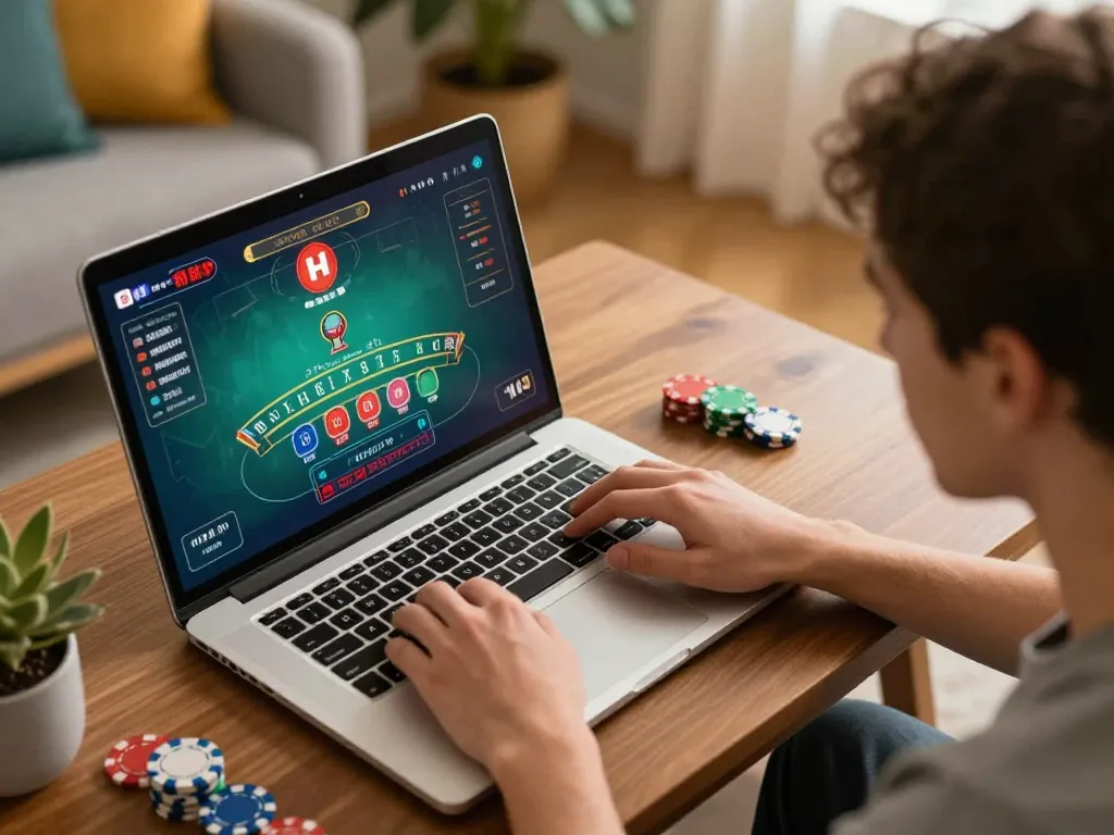 Pemain yang terfokus pada blackjack di laptop yang menampilkan truthontatelabianca dan elemen permainan strategis