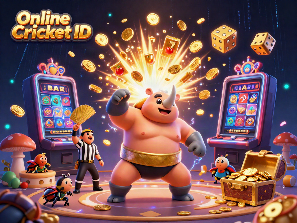 Launch into cricket betting with your Online Cricket ID, featuring a triumphant beetle champion and vibrant casino elements.