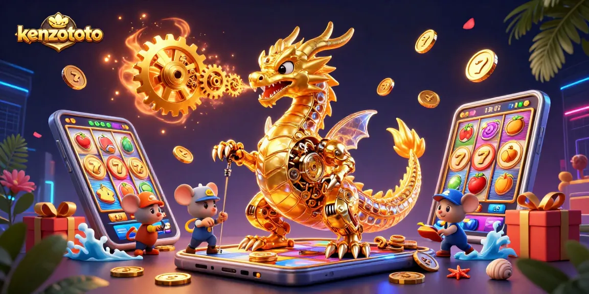 Kenzototo showcases winning slot games with golden gears and exciting bonuses in a vibrant casino scene.