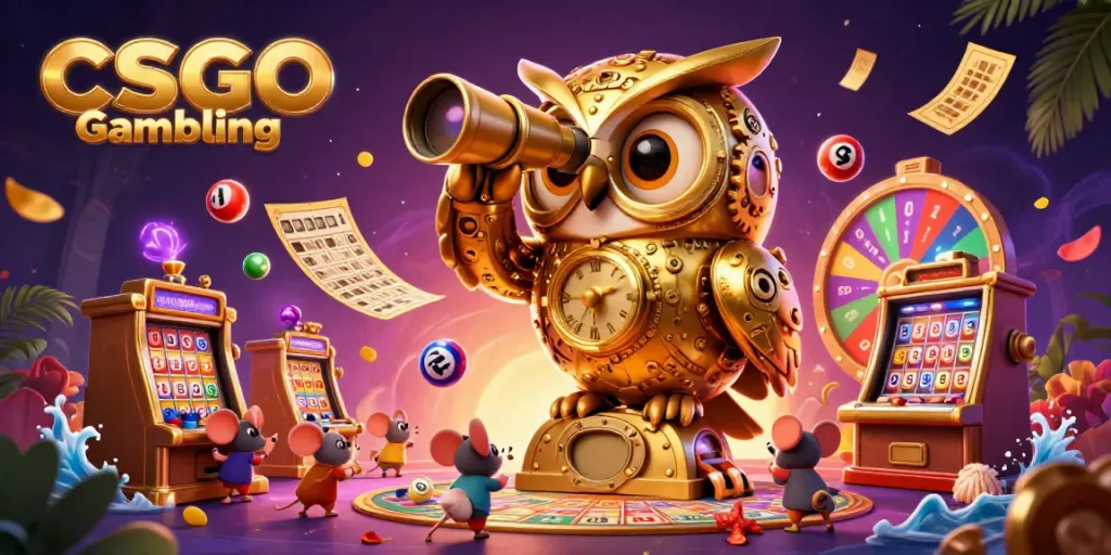 CSGO Gambling scene featuring a clockwork owl scanning a vibrant casino floor filled with dynamic elements.