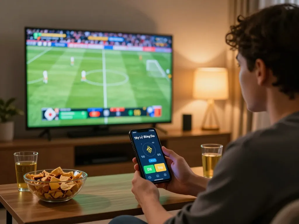Engaging sports betting scene using Tỷ Lệ Bóng Đá app while watching live match.