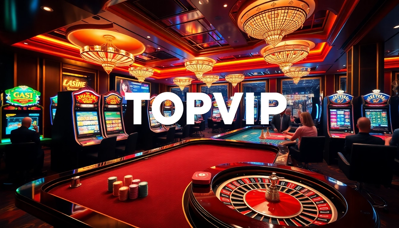 TOPVIP players enjoying a thrilling experience at elegant casino tables with vibrant slot machines.