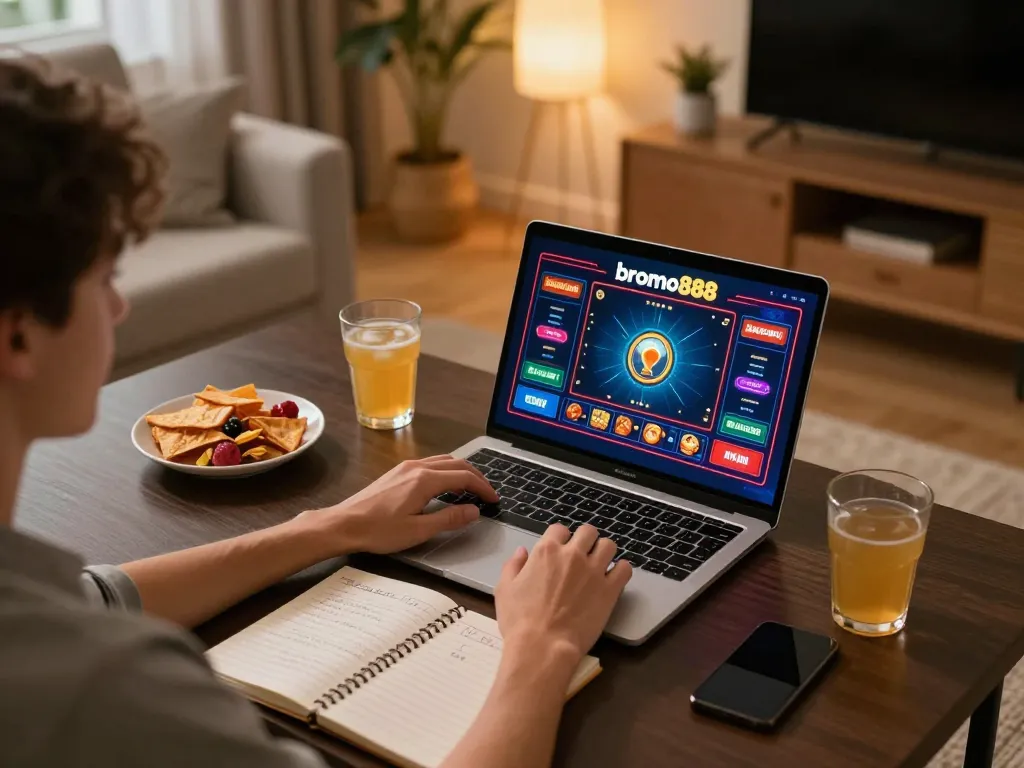 Bromo888 player enjoying online casino gaming at home with strategic notes and drinks.