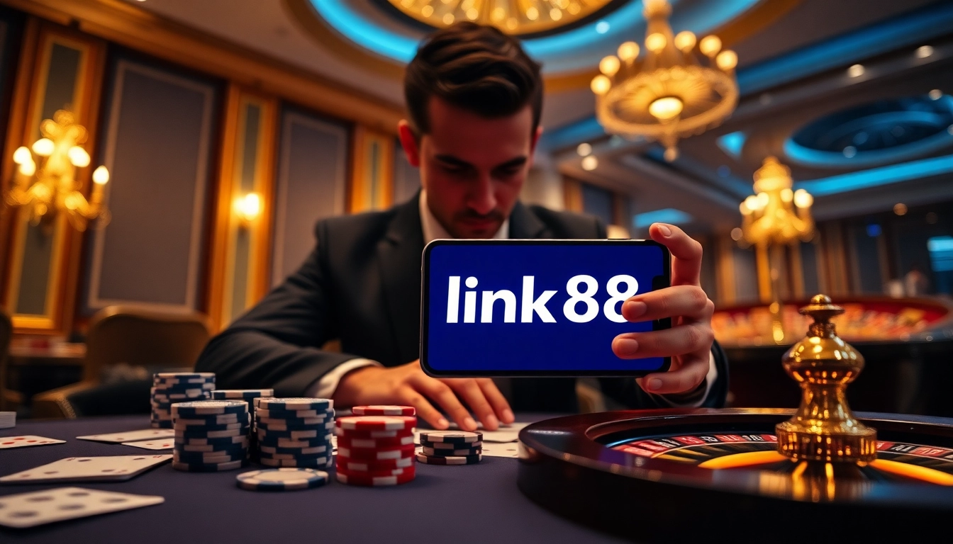 Experience the excitement of gaming at link xx88 with an elegant casino scene featuring poker chips and cards.