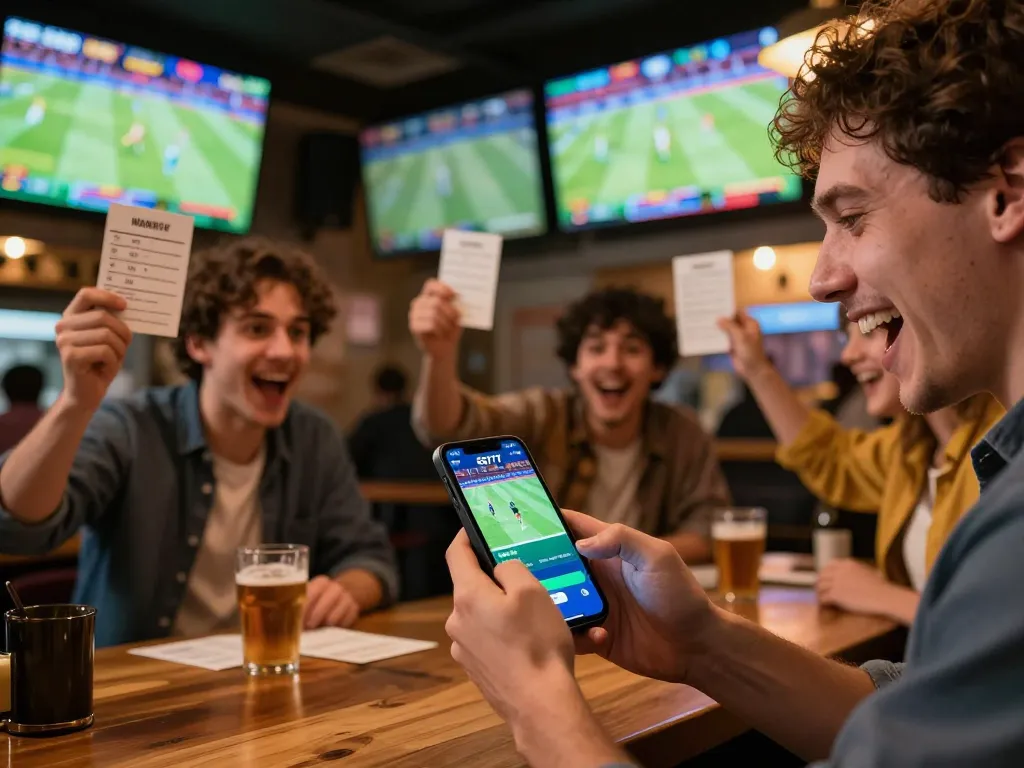 Cheering players engaging in sports betting with the SG777 app on smartphones, capturing excitement and community
