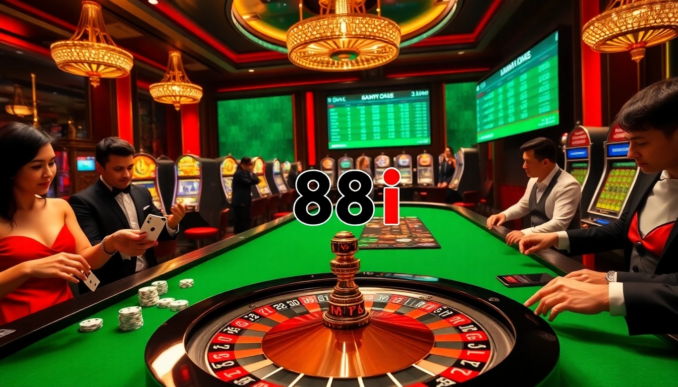 A thrilling casino scene with players enjoying games at 88i, featuring roulette, dice, and poker chips.