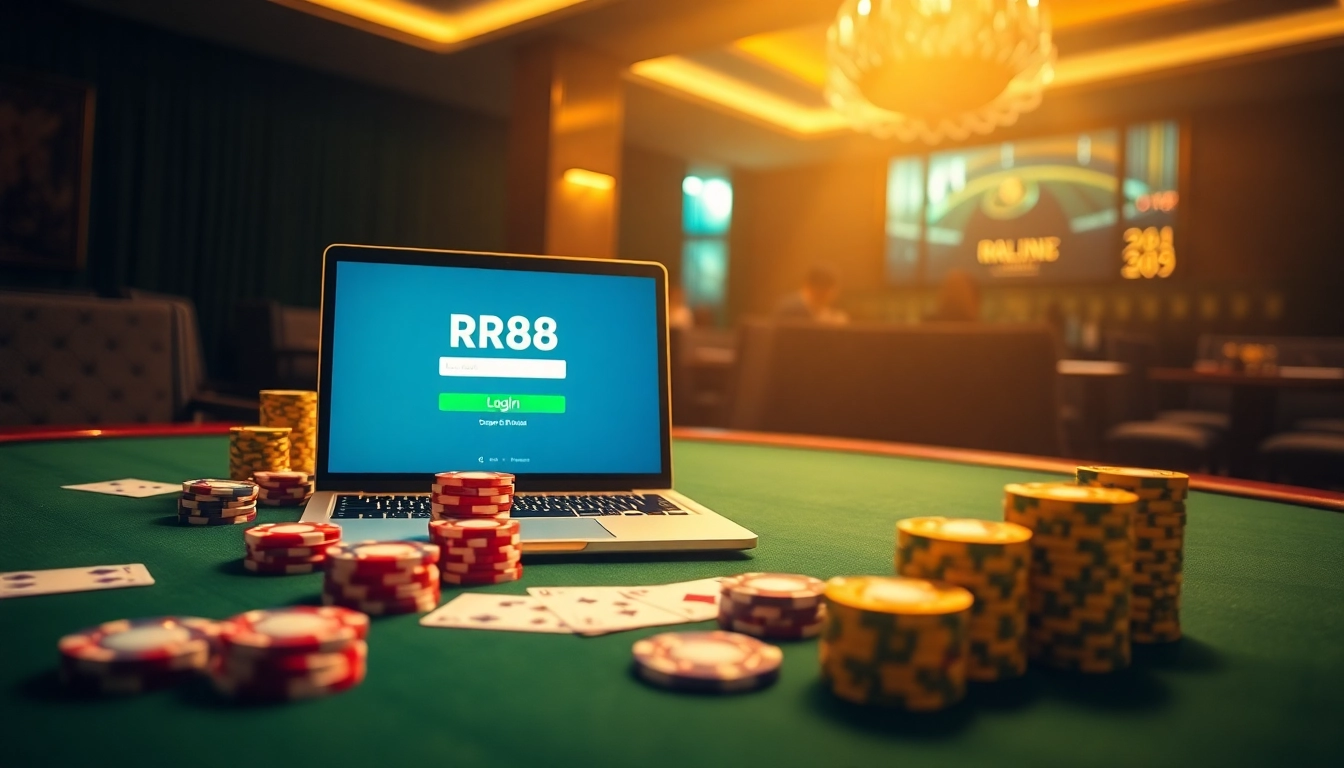 rr88 đăng nhập on a luxurious online casino interface with casino chips and cards