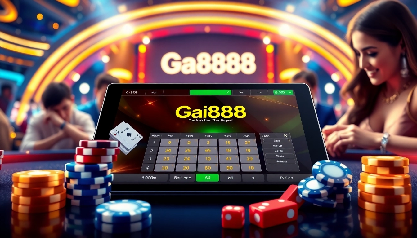 Ga888 online gambling scene with vibrant casino elements, showcasing excitement and betting.