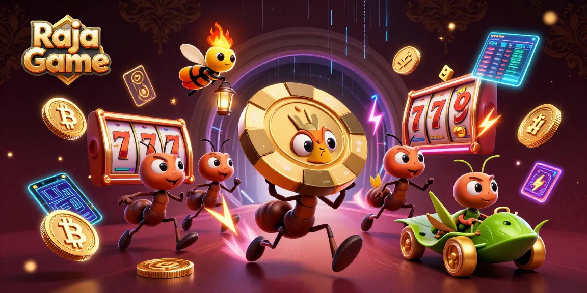 Raja Game offers thrilling slot adventures as ants carry a giant poker chip in a vibrant casino scene