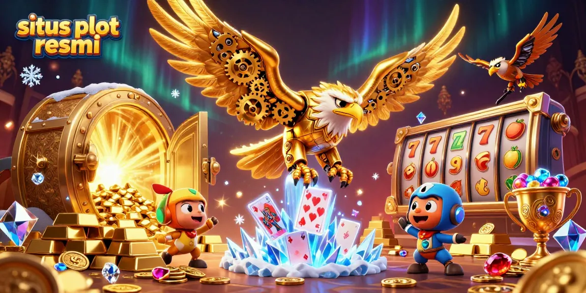 Menyajikan situs slot resmi, elang emas cybernetic beraksi dengan kartu main mengelilingi kekayaan kasino.