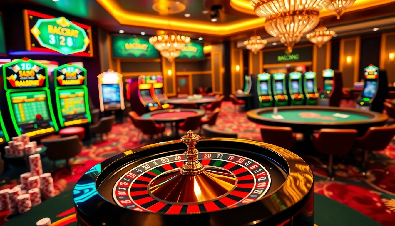 Experience the excitement of new888 with a luxurious online casino scene featuring gaming tables and slot machines.