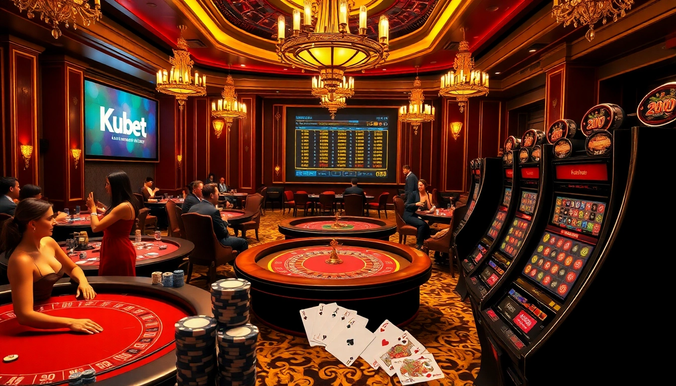 Kubet casino scene with elegant tables, thrilling players, and vibrant betting odds.