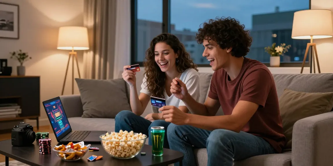 Exciting gameplay at credit card casinos in a cozy living room, showcasing a couple enjoying their experience together.