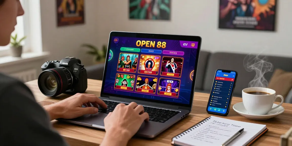 Player engaging with OPEN 88 online gambling platform showcasing various betting options in an inviting home office.