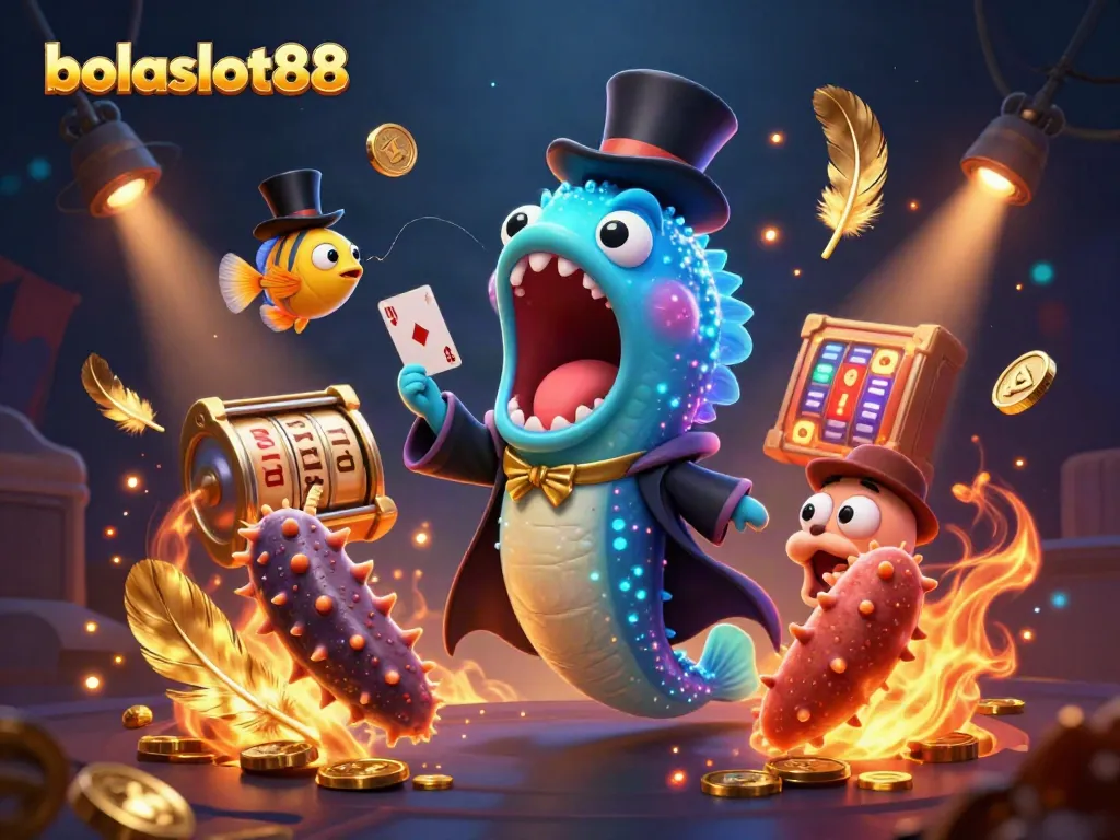 Experience the excitement of bolaslot88 with a 3D eel magician performing card tricks amidst vibrant casino elements.