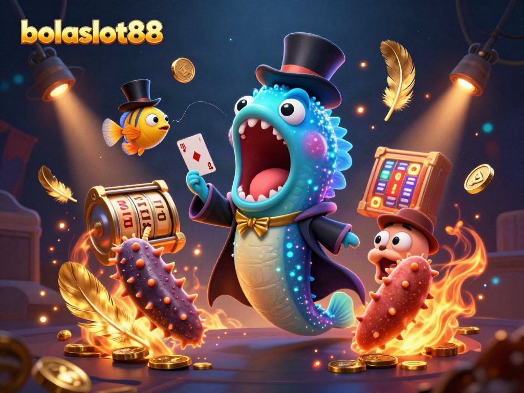 Experience the excitement of bolaslot88 with a 3D eel magician performing card tricks amidst vibrant casino elements.