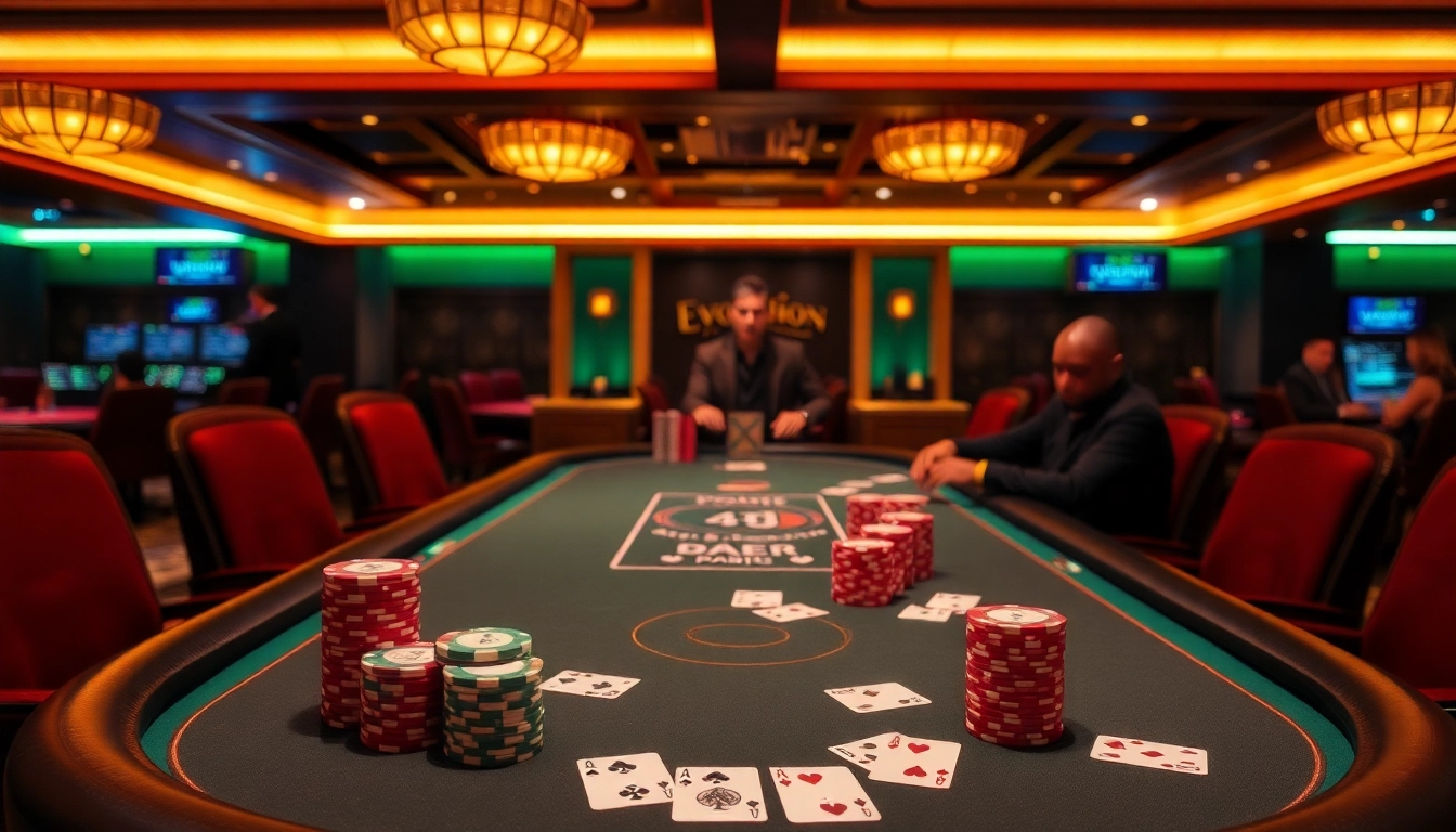Experience Evolution Gaming Poker กติกา at a luxurious casino poker table with vibrant chips and cards.