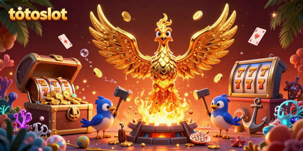 Win big with totoslot as a molten phoenix and sparrow assistants create bonuses amidst vibrant casino elements.
