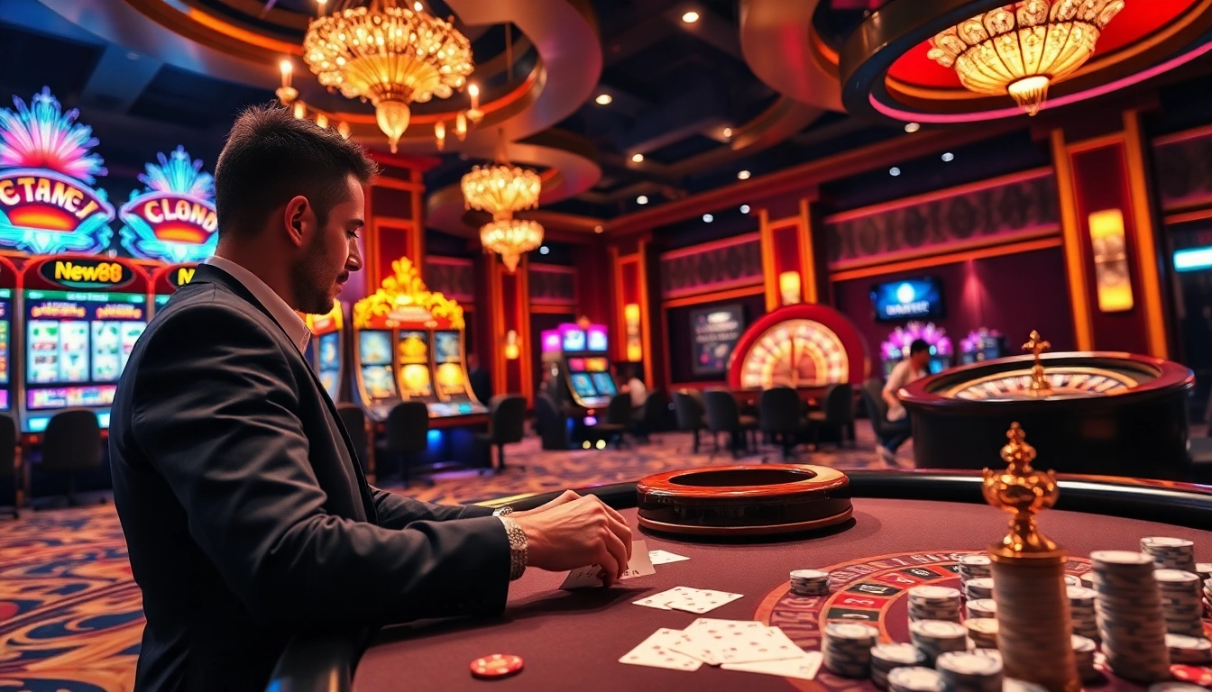 New88 gaming experience with vibrant slot machines, poker table, and roulette wheel.