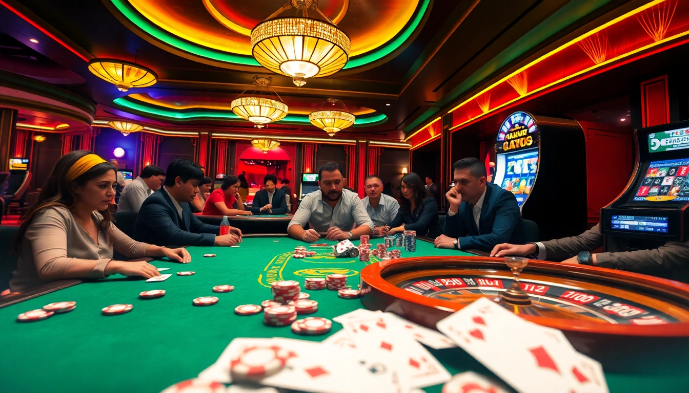 The bustling casino atmosphere with a poker table and the dynamic mmoo link for online gaming excitement.