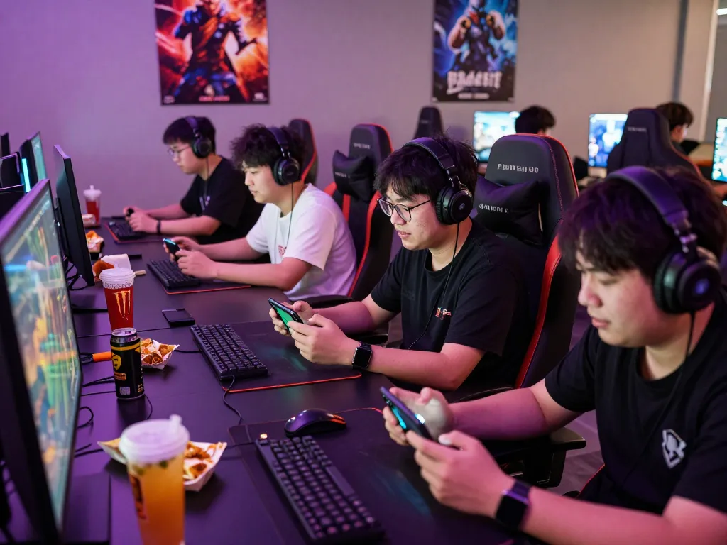 Group of gamers enjoying Panen178 on mobile devices in a vibrant setting